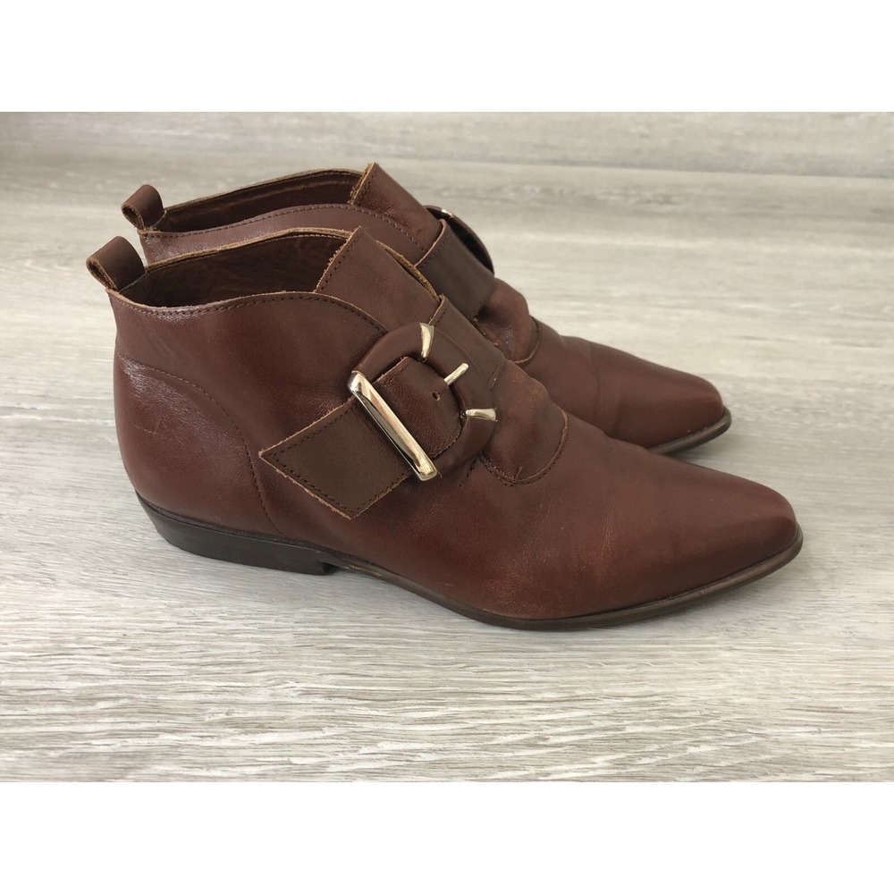 Vintage Buskens Women's 6.5 Brown Boots Leather Buckle‎ Strap Toe Flat Heel